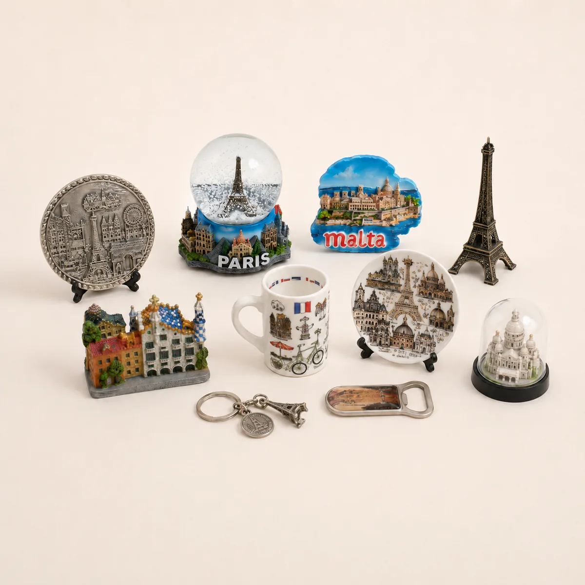 Tourist souvenirs collection with snow globes magnets mugs and landmark gifts