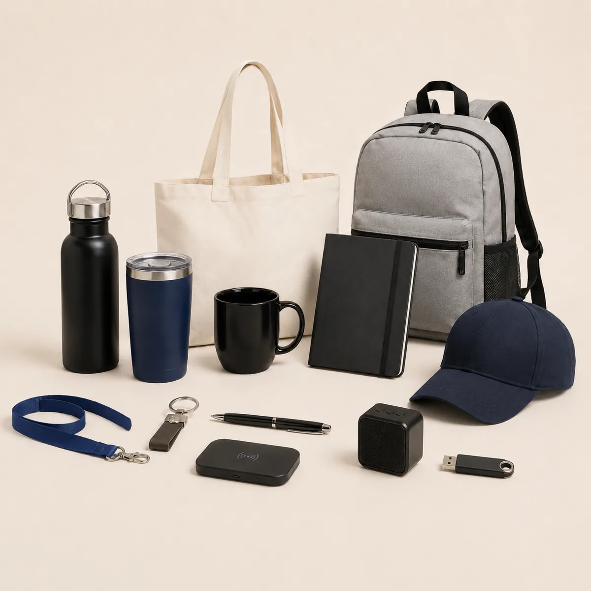 Promotional gifts collection with bags bottles mugs notebooks caps and branded items
