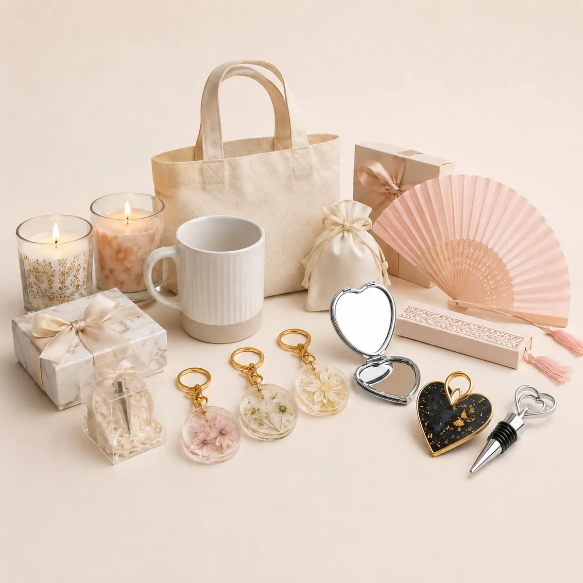Wedding favors collection with bags mugs fans candles keychains and keepsake gifts