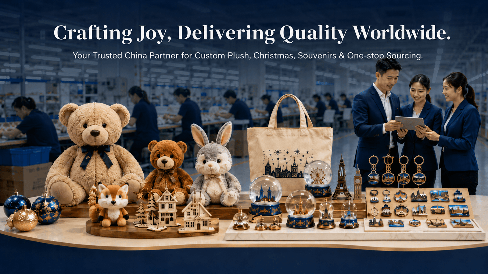 Professional showroom and factory workshop of Superstar Creation displaying custom plush toys, Christmas ornaments, and souvenirs with the sourcing expert team.