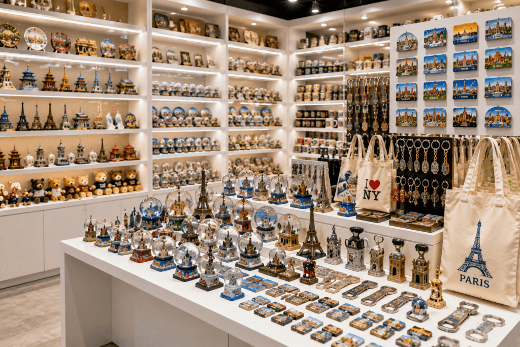 Wholesale tourist souvenirs showroom featuring custom resin magnets and gifts