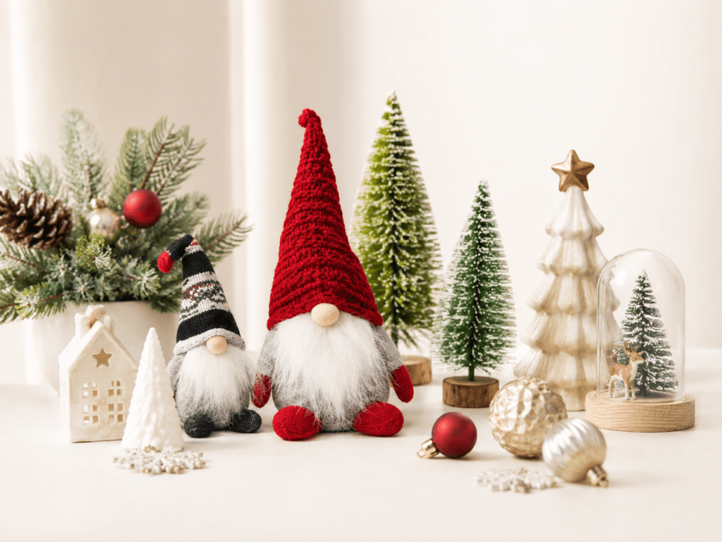 Christmas decorations and holiday gift products displayed in a warm seasonal setting