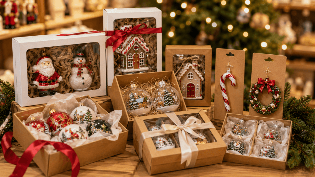 Christmas ornament retail packaging with gift boxes window boxes hang tags and display options