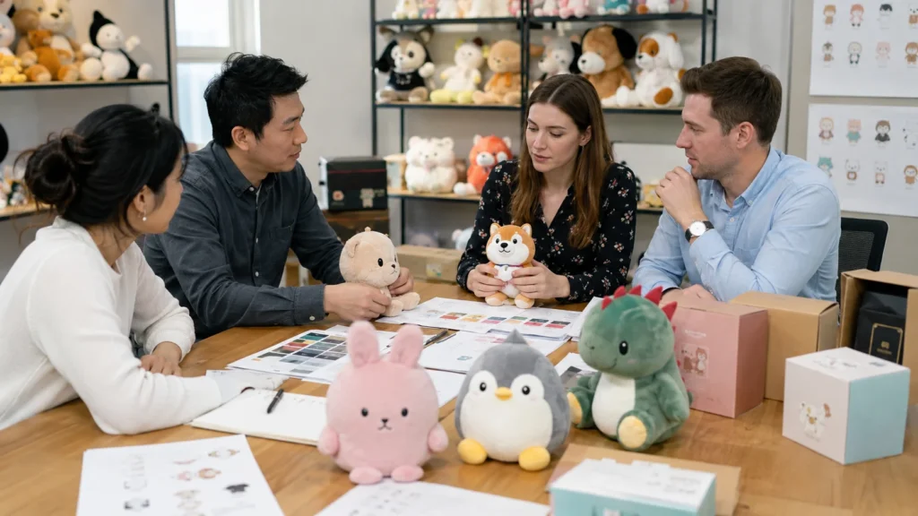 Collectible plushie character planning with sketches fabric swatches and sample toys