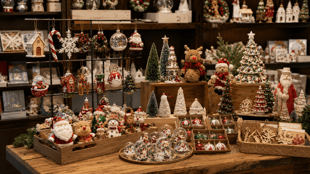 Custom Christmas ornament display ideas for gift shops seasonal retail shelves and holiday collections