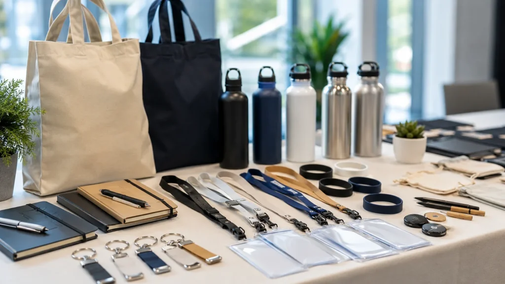 Custom event gift set with tote bags water bottles lanyards wristbands notebooks and promotional accessories