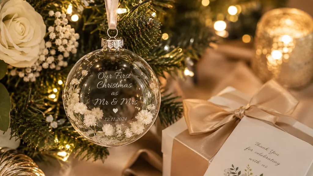 Custom glass Christmas ornament wedding favor for holiday season weddings