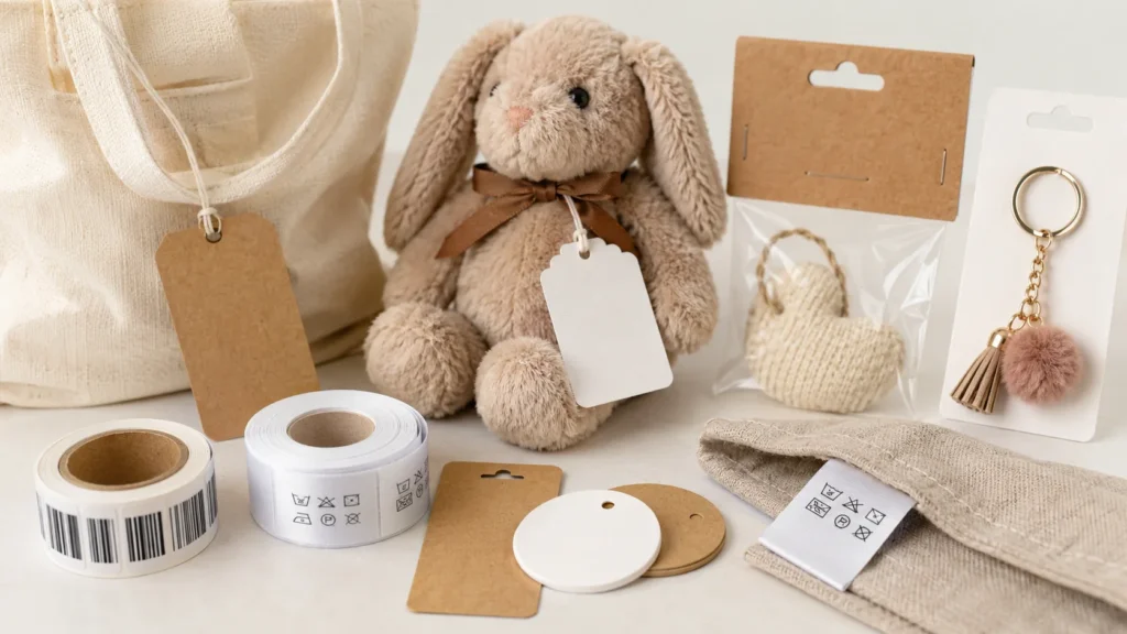 Custom hang tags labels barcode stickers care labels and retail packaging materials for gift products