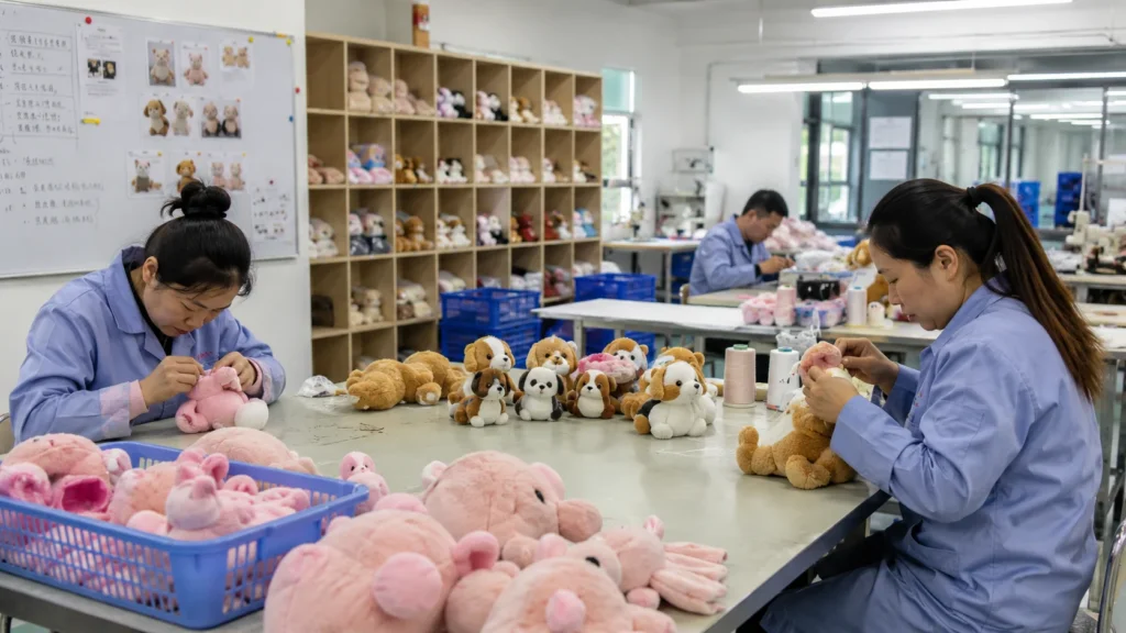 Custom plush toy sample development with sketches fabric colors and prototype plush toys
