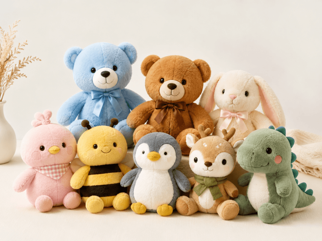 A collection of custom plush toys displayed on a tabletop in a soft and friendly style