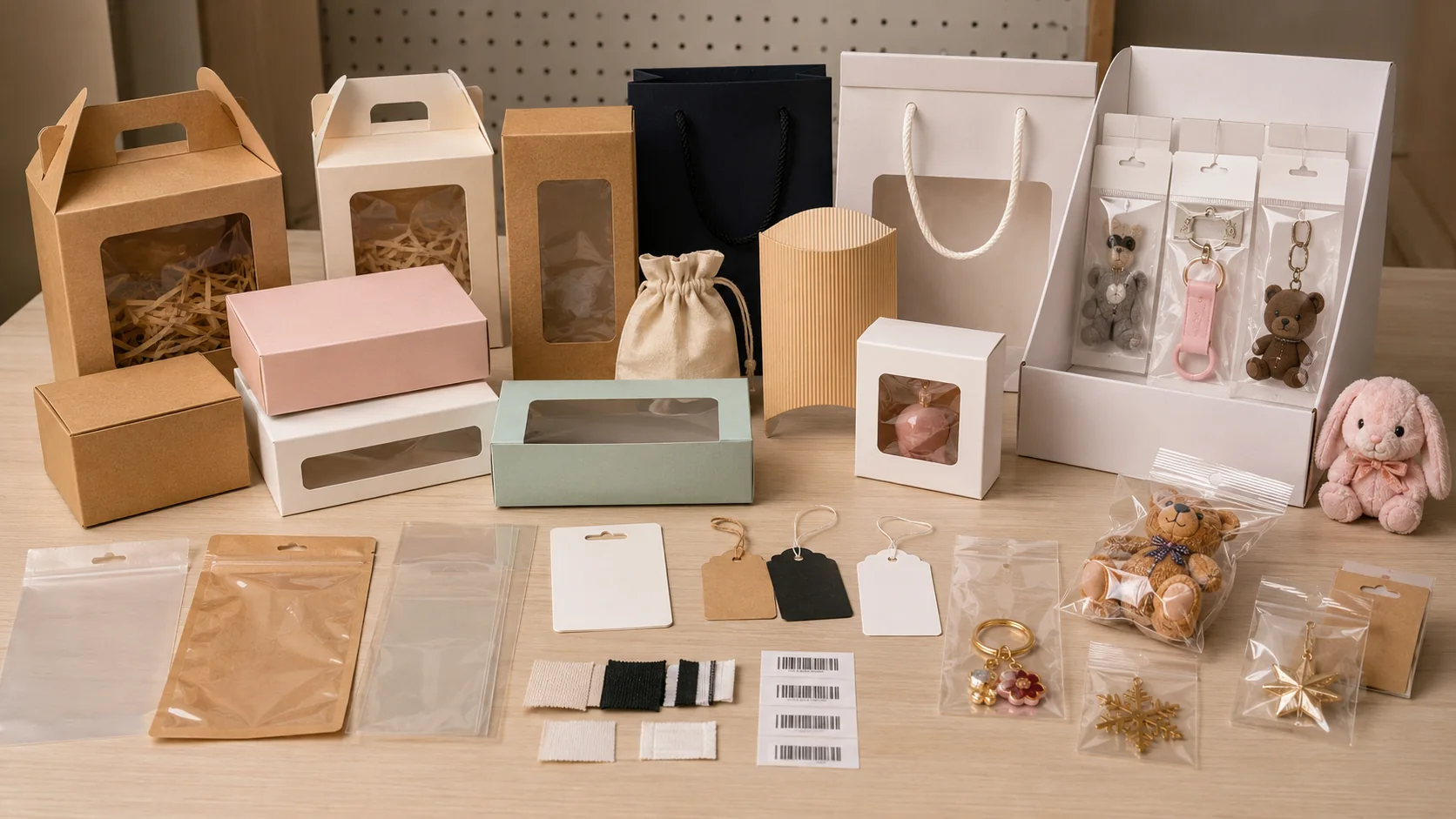 Custom product packaging from China including gift boxes window boxes hang tags barcode labels and retail bags