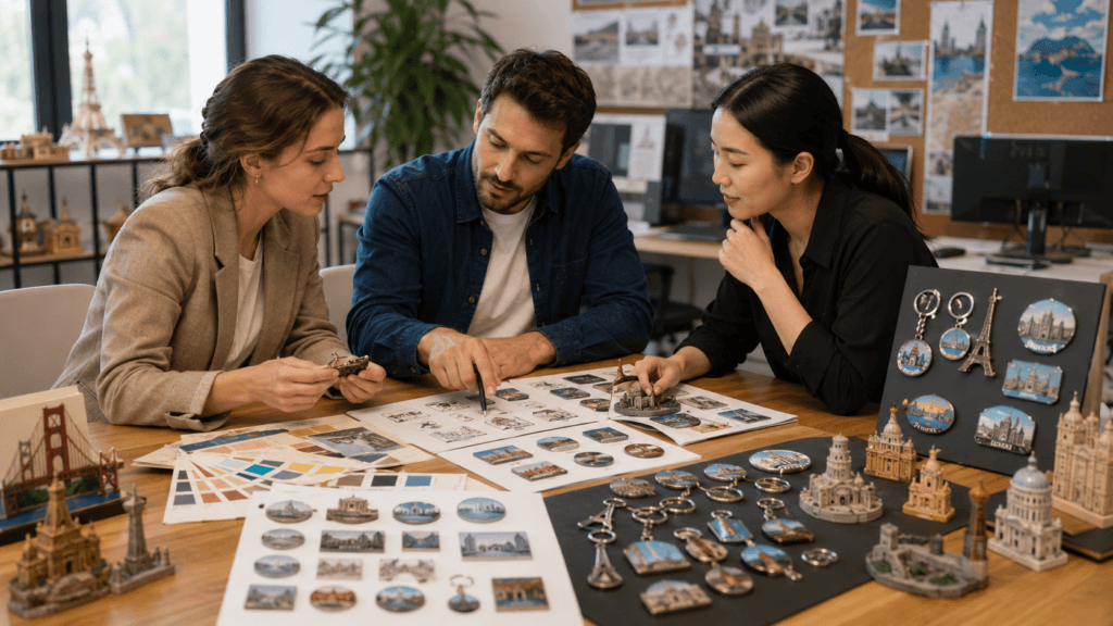 Souvenir design meeting with landmark sketches and custom product samples