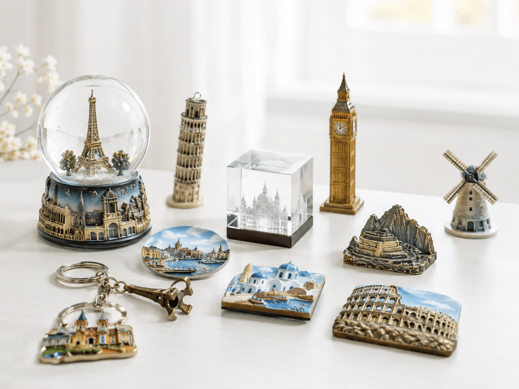 Custom tourism souvenirs including snow globes, fridge magnets, keychains and landmark-themed gift items