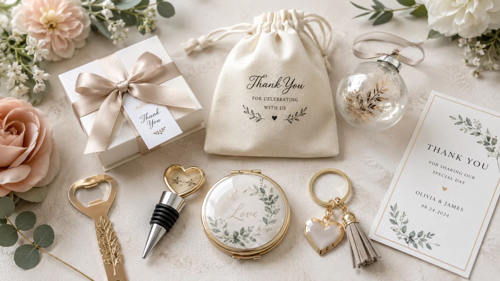 Custom wedding favors from China including bottle openers, wine stoppers, tote bags, keychains and glass ornaments