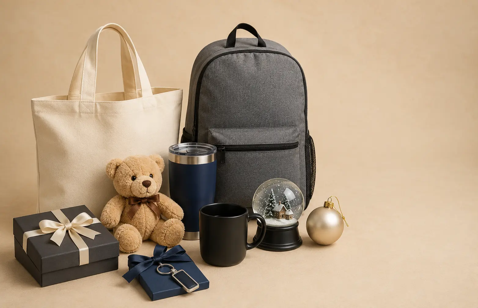 Custom gift customization options including tote bag backpack plush toy snow globe mug packaging and promotional gifts