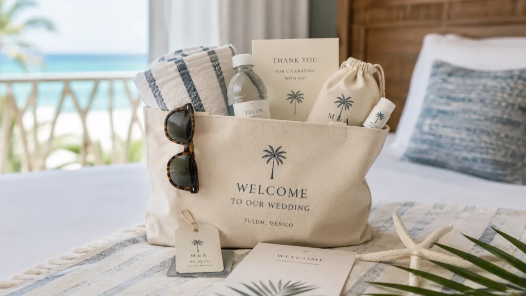 Destination wedding welcome bag with custom canvas tote, towel, card and travel gifts