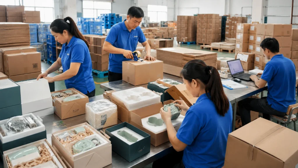 Factory packing and carton preparation for custom gift products with protective packaging and shipment boxes
