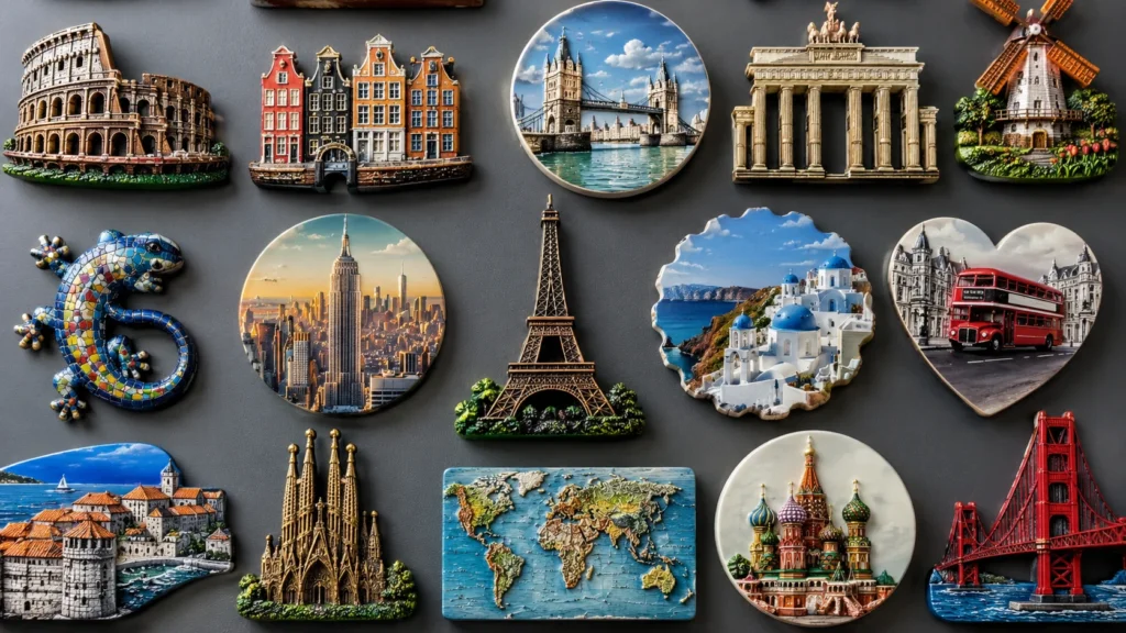 Landmark souvenir fridge magnet collection with city buildings maps animals and travel icons