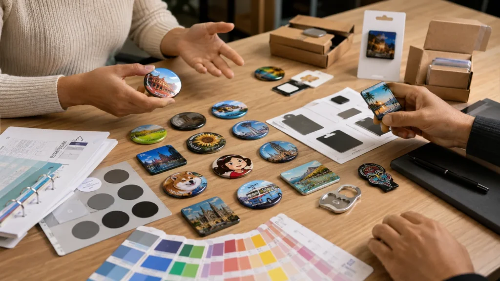 Custom fridge magnet sample review with colors materials packaging cards and product layout