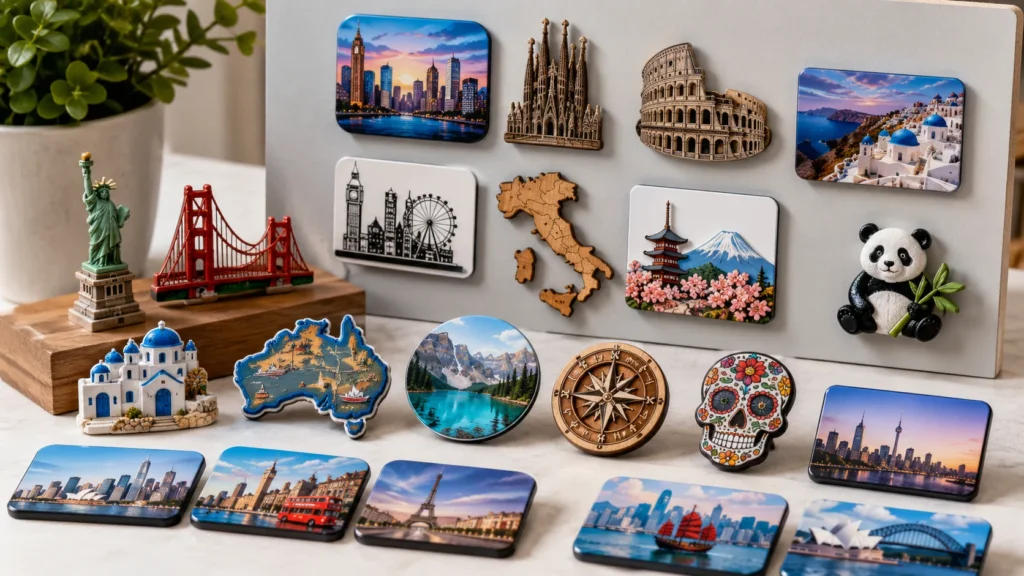 Custom fridge magnets for tourist attractions displayed with backing cards and retail packaging
