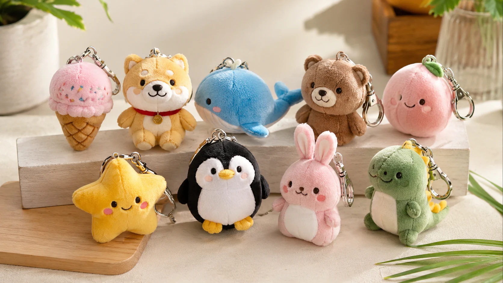Custom plush keychains in animal shapes for brand promotions events and gift shop collections