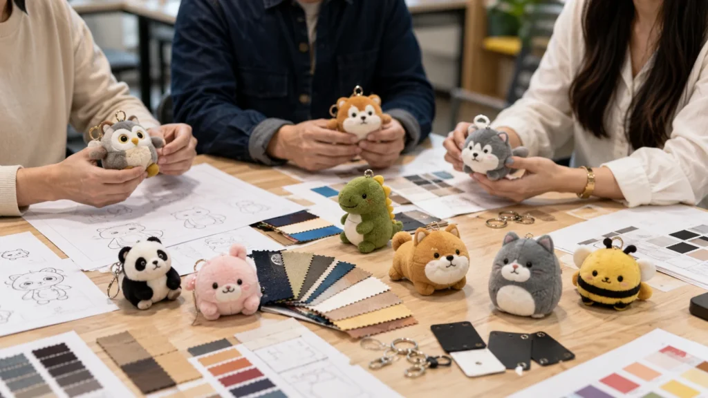 Plush keychain design meeting with fabric swatches sketches sample toys and keyring accessories