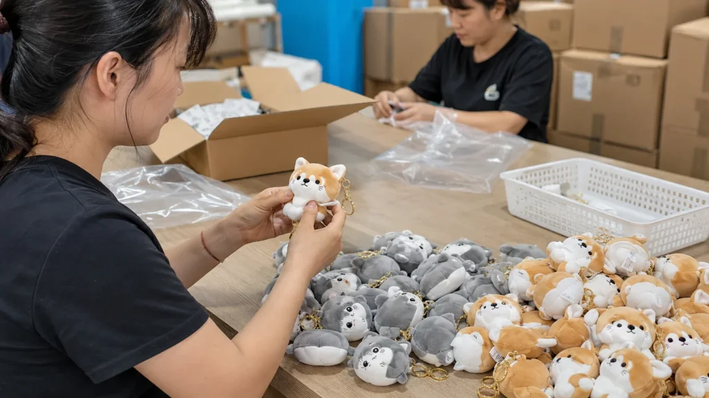 Plush keychain quality check and packing before shipment with small animal keychains
