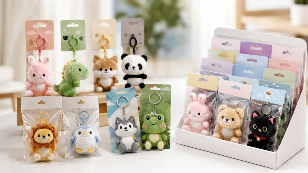 Promotional plush keychains with header cards hang tags and retail display packaging