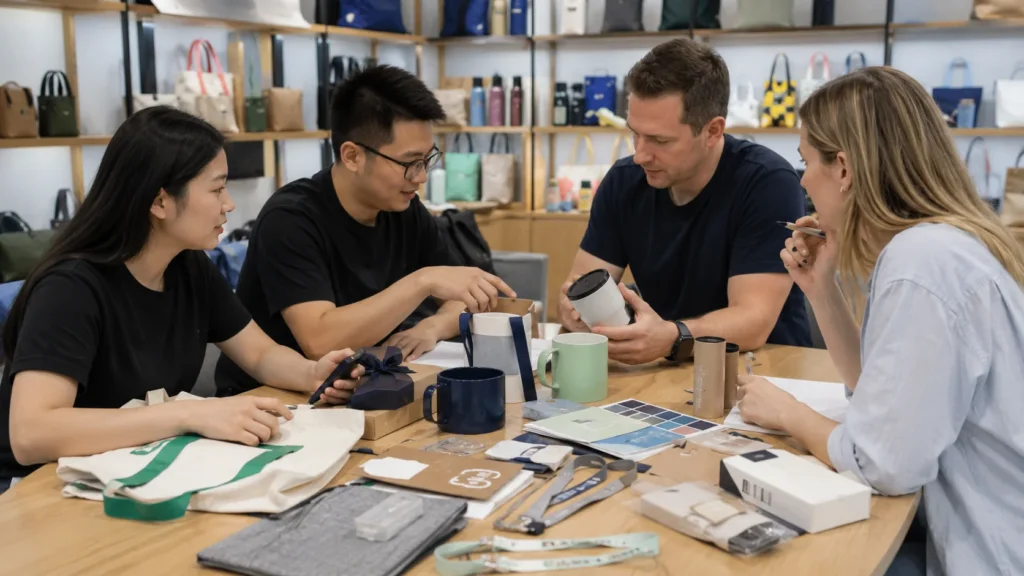 Promotional gift branding and packaging discussion with buyers reviewing mugs tote bags lanyards and color samples
