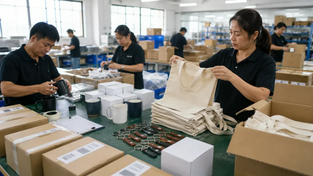 Promotional gift quality check and packing with tote bags mugs keychains boxes and shipment preparation