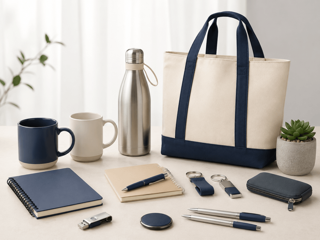 Promotional gift products including tote bag, drinkware, stationery and branded merchandise