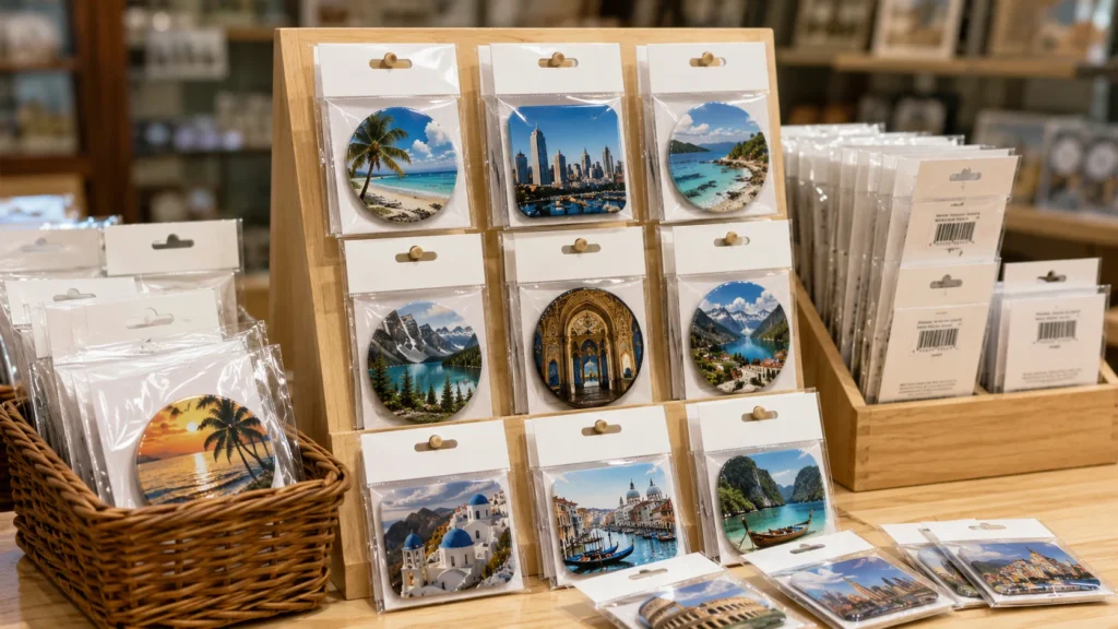 Souvenir fridge magnets displayed on retail racks with hang holes barcode labels and gift shop packaging