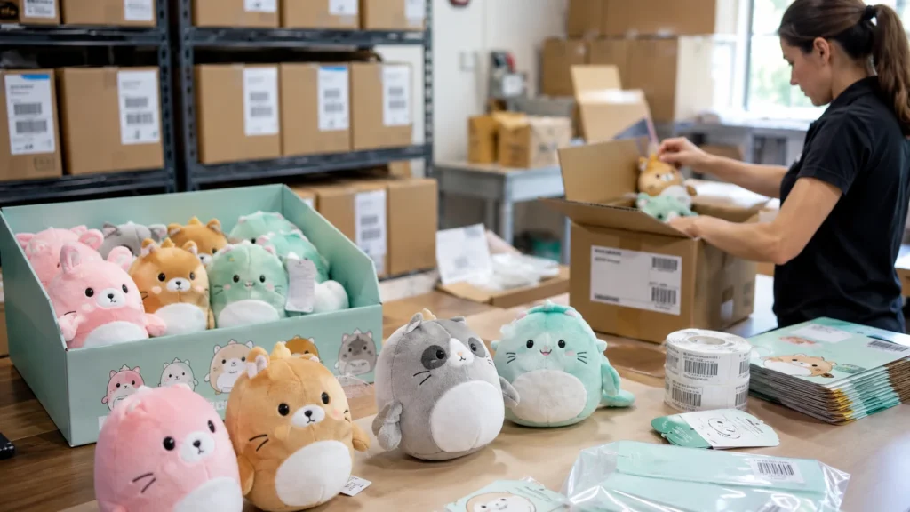 Supermarket promotional plushies displayed in retail packaging for loyalty campaigns
