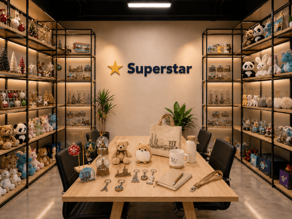 Superstar showroom and meeting room displaying plush toys, souvenirs, holiday decorations and gift products
