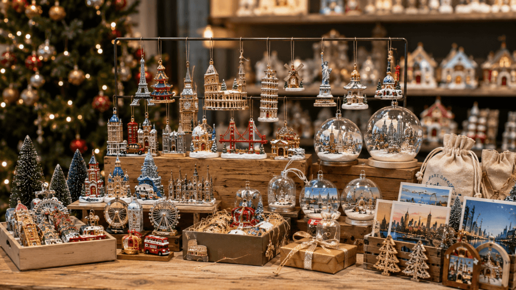 Tourist attraction Christmas ornaments with landmark designs snow globes keychains and gift packaging