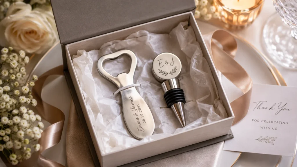 Wedding bottle opener and wine stopper gift set in elegant packaging