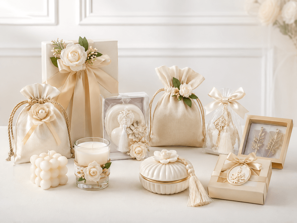 Wedding favors and keepsake gifts displayed in an elegant soft-toned tabletop arrangement