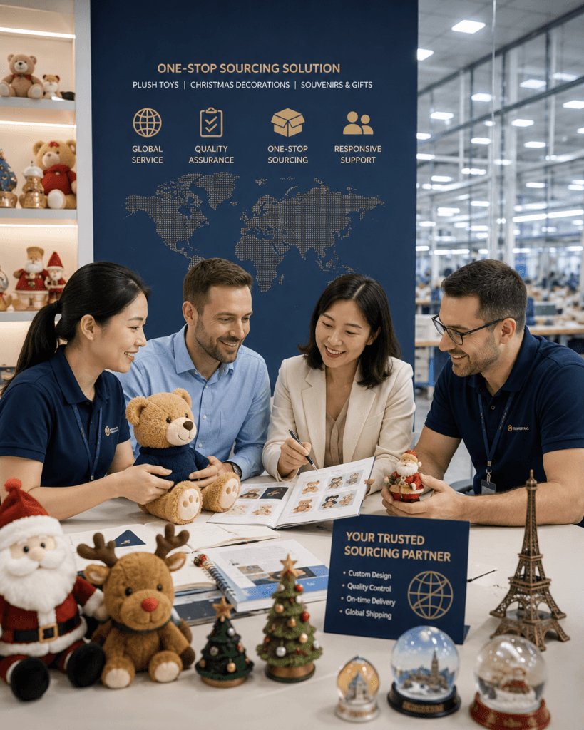 Business team reviewing custom plush, holiday decor and souvenir samples for global sourcing projects