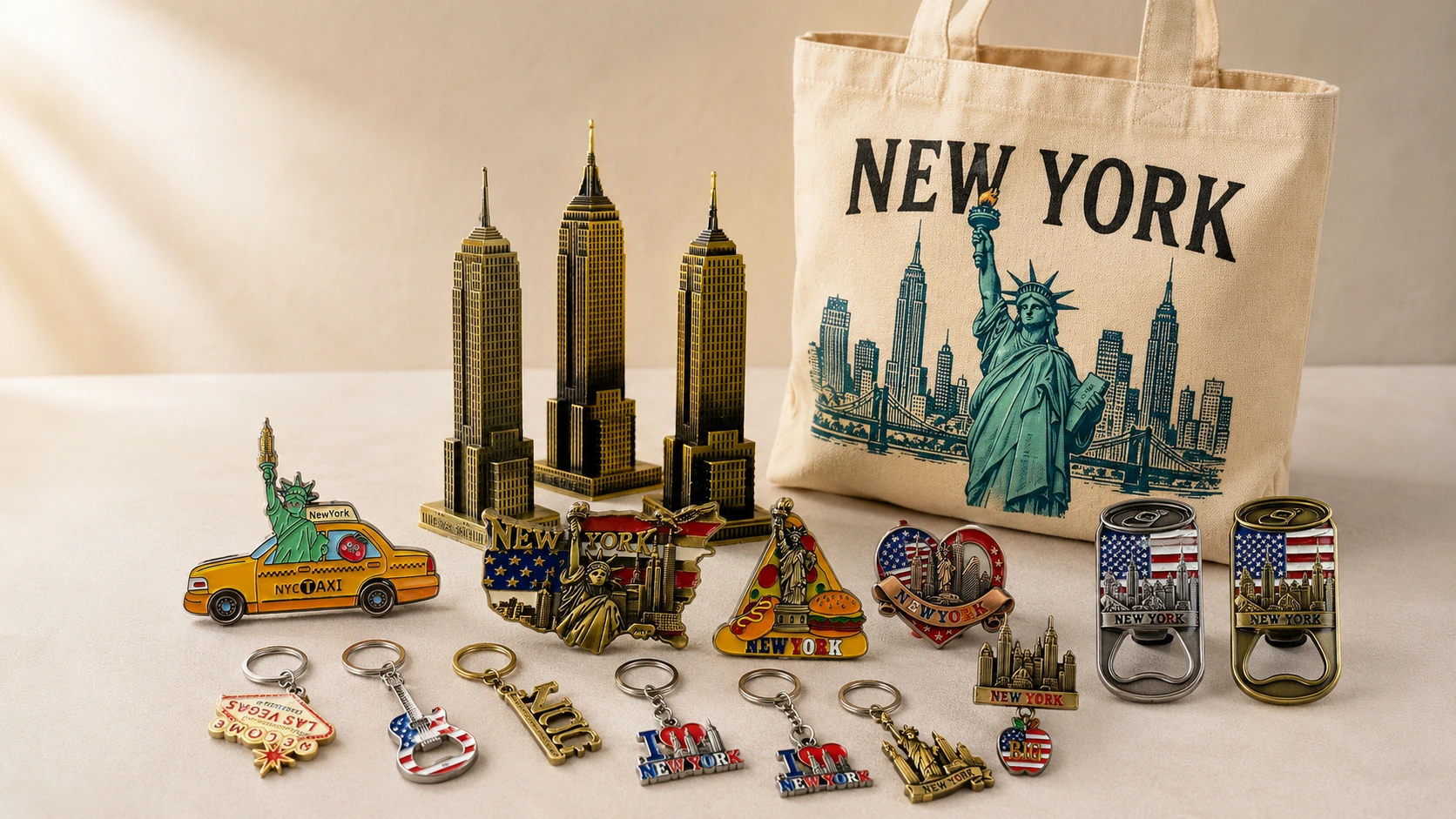 New York tourist souvenirs sourcing project including canvas bags magnets keychains and souvenirs