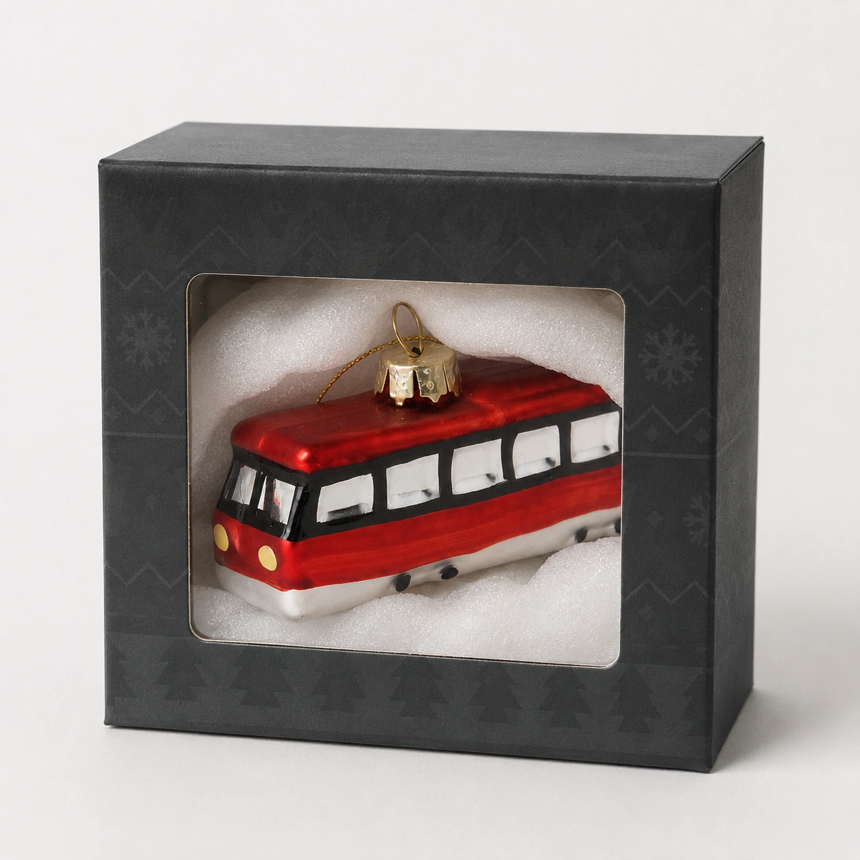 London double decker bus glass Christmas ornament packed in an individual window gift box