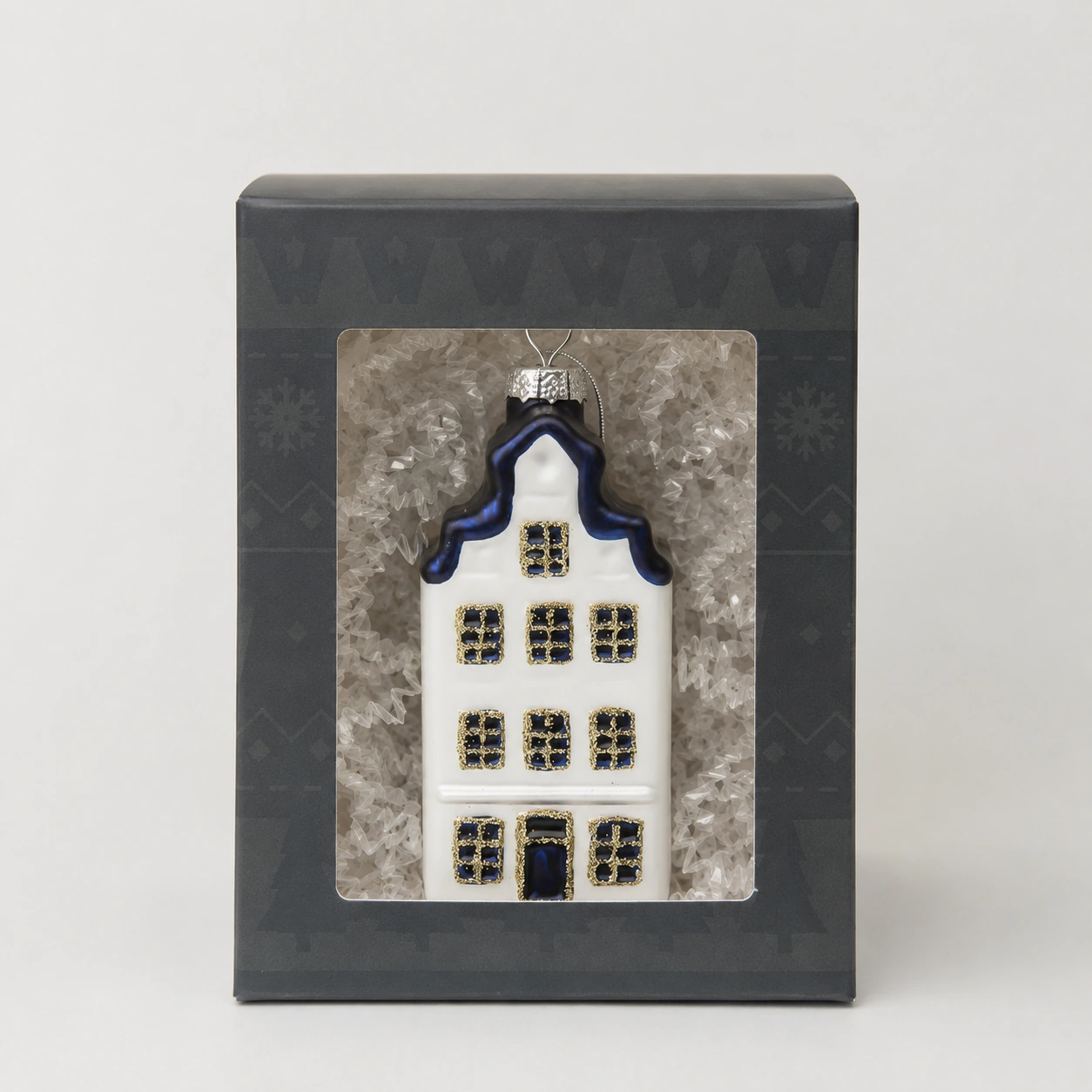 Dutch canal house glass Christmas ornament packed in an individual window gift box