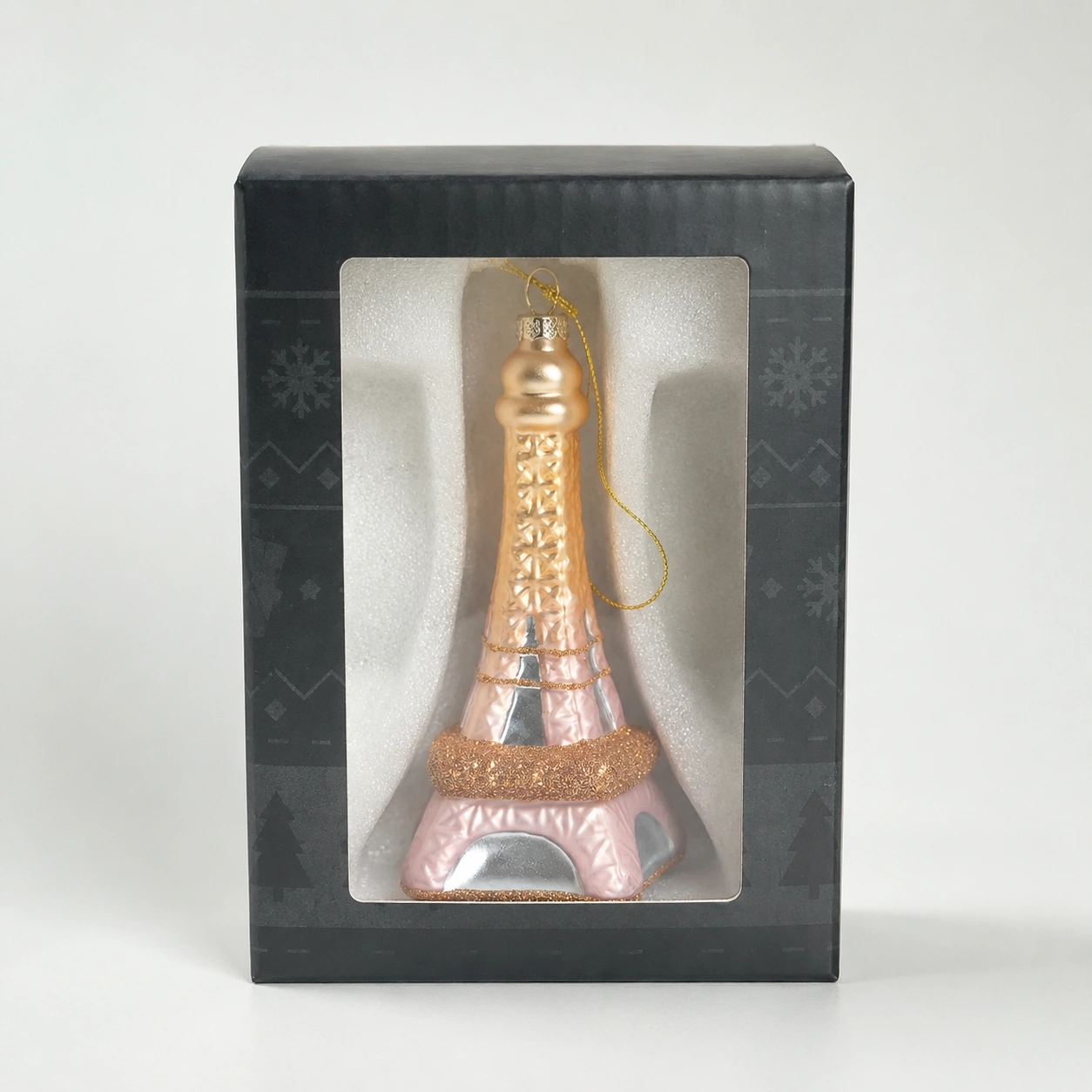 Eiffel Tower glass Christmas ornament packed in an individual window gift box