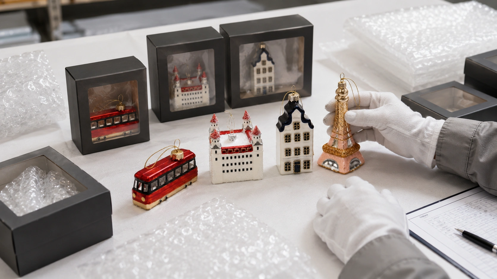 Quality control inspection and protective packaging process for fragile glass Christmas ornaments