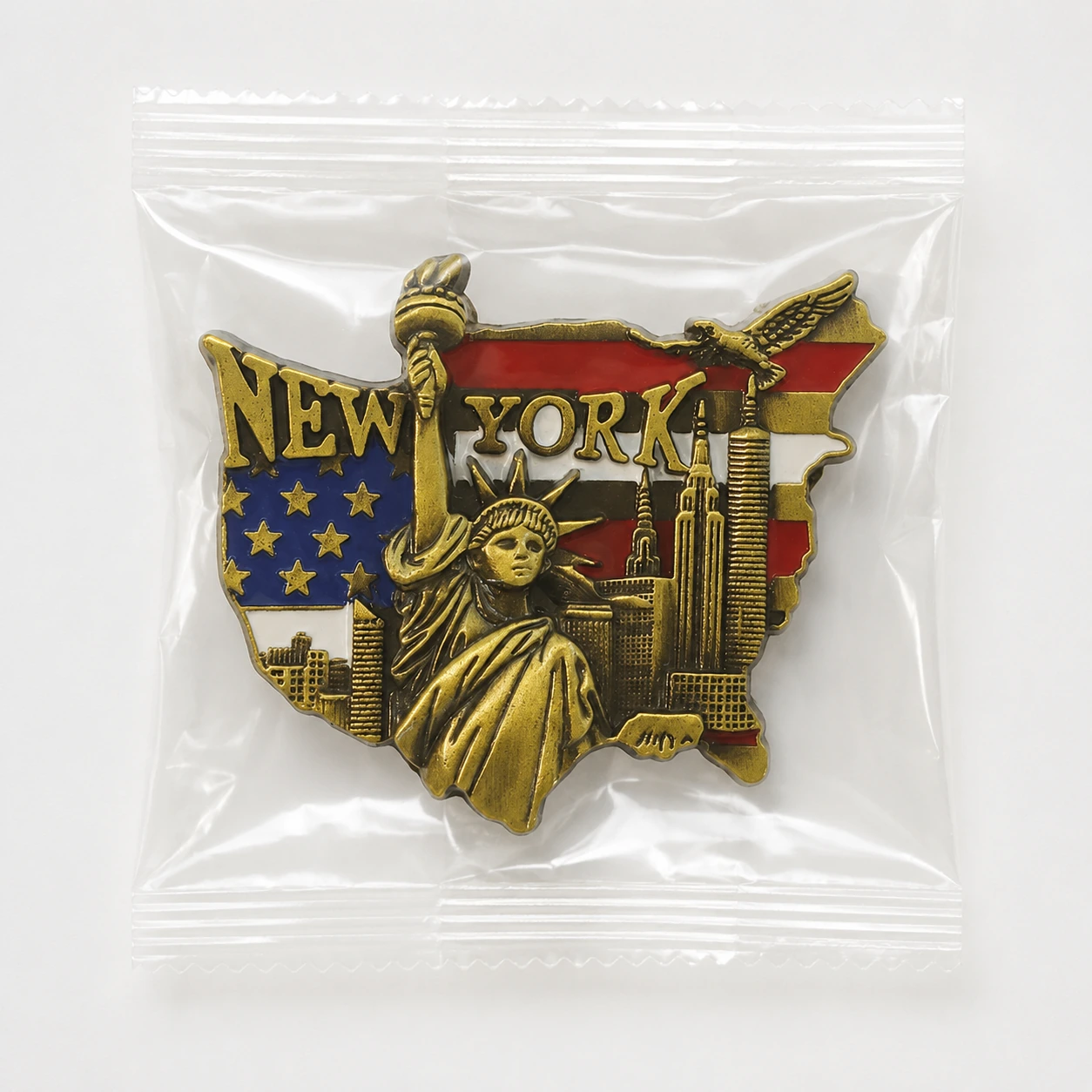 Individual OPP bag packaging for one New York metal fridge magnet