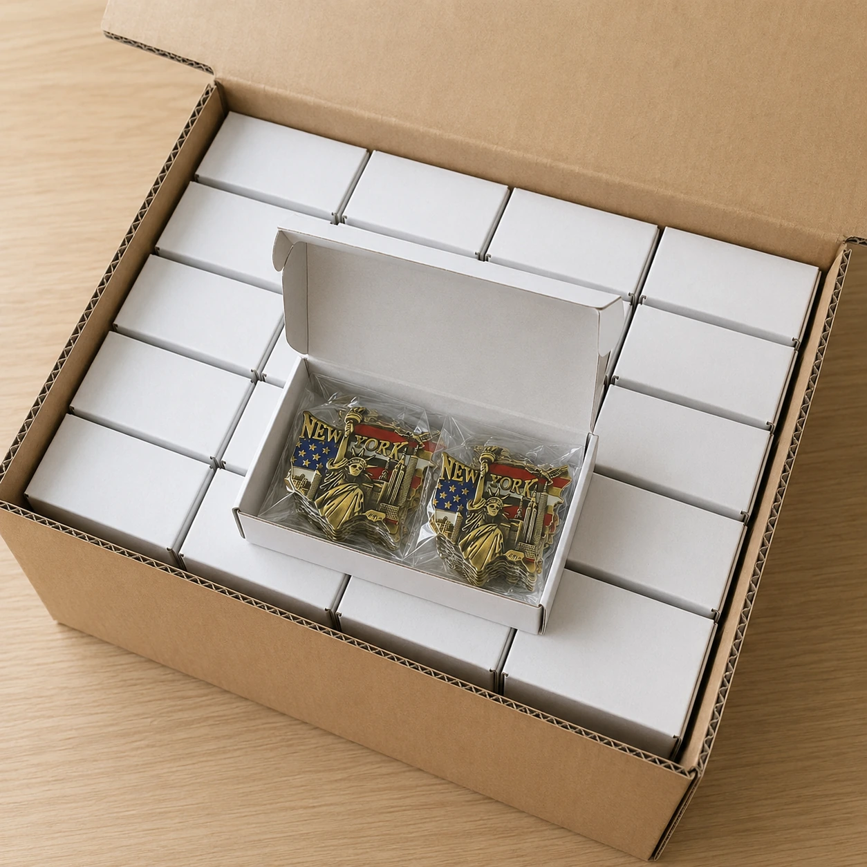 White paper boxes containing New York fridge magnets packed inside an outer export carton
