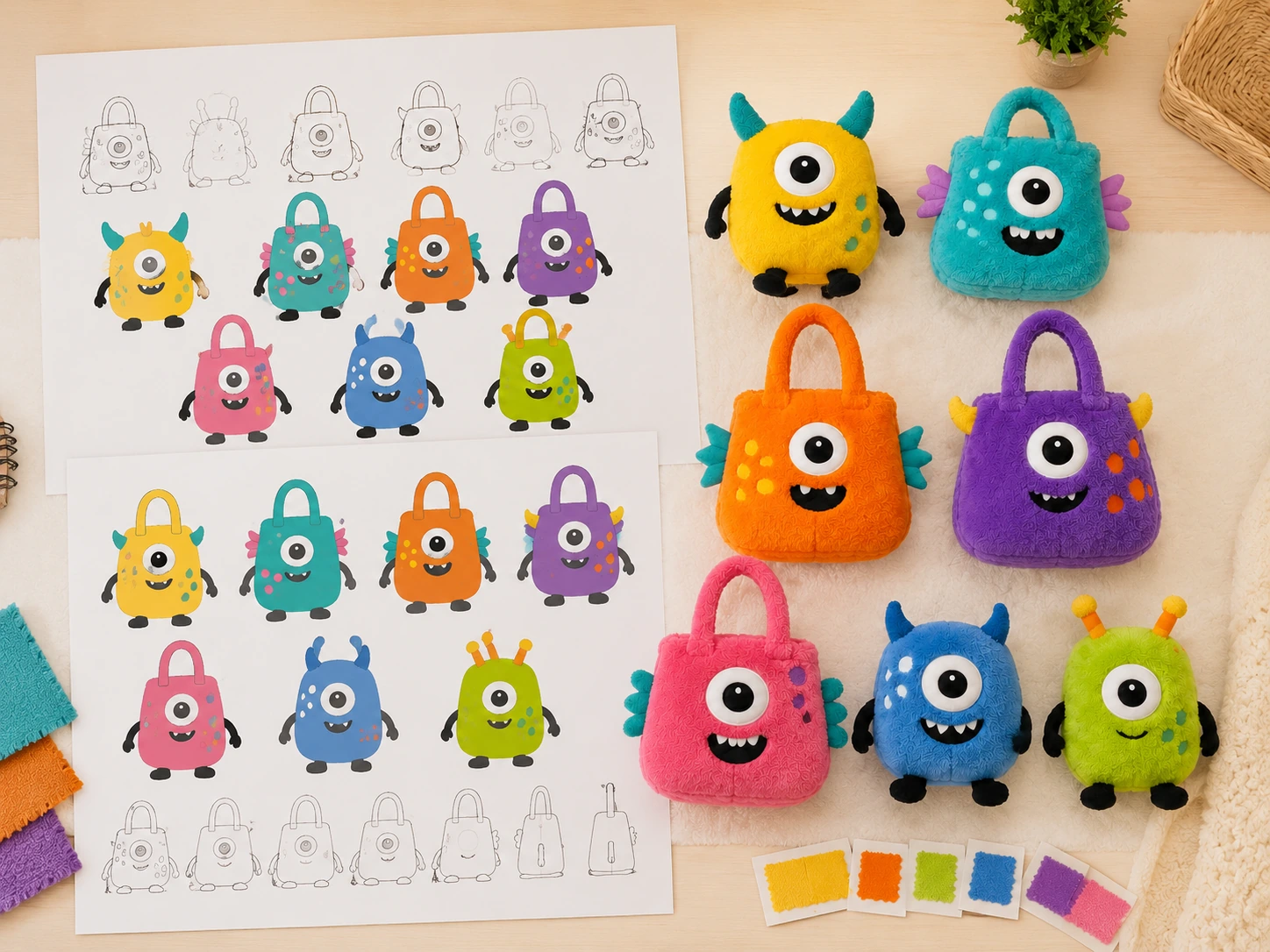 Original monster character drawings displayed beside finished custom plush toys and plush bags