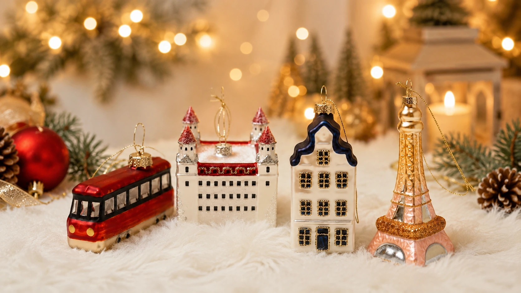 Custom glass Christmas ornaments shaped like a bus, castle, house and Eiffel Tower
