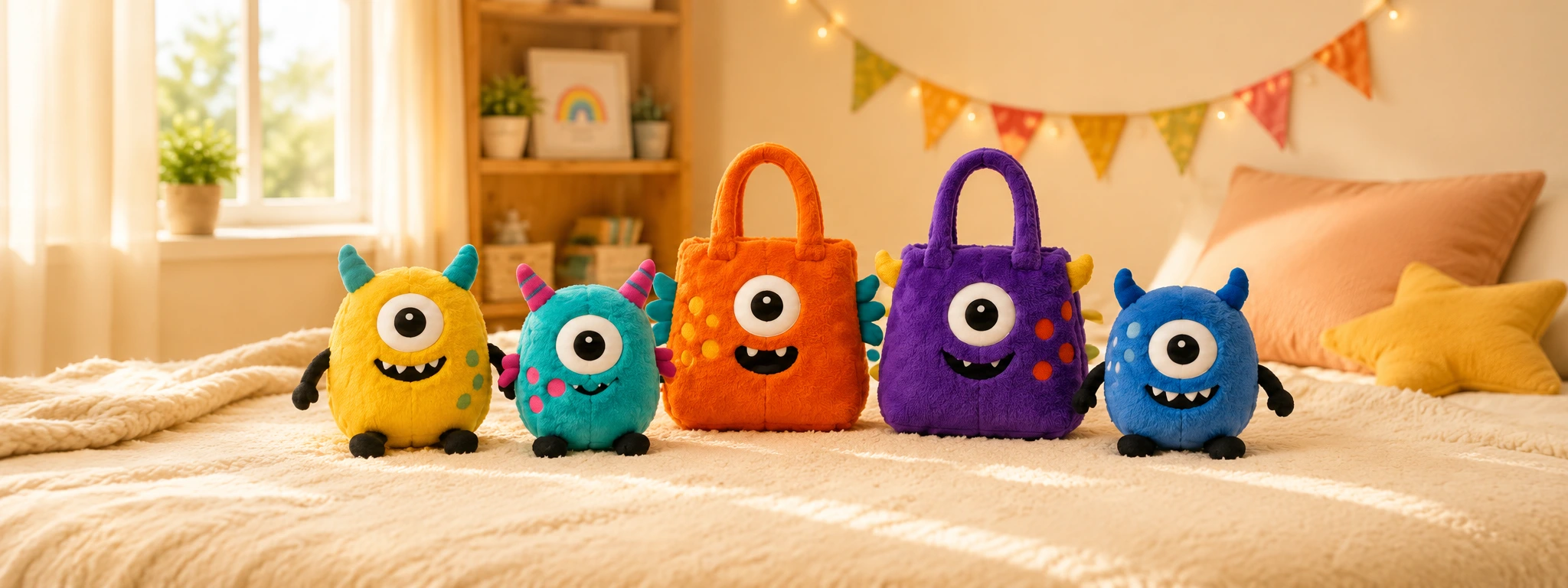 Custom monster plush toys displayed with matching orange and purple plush bags