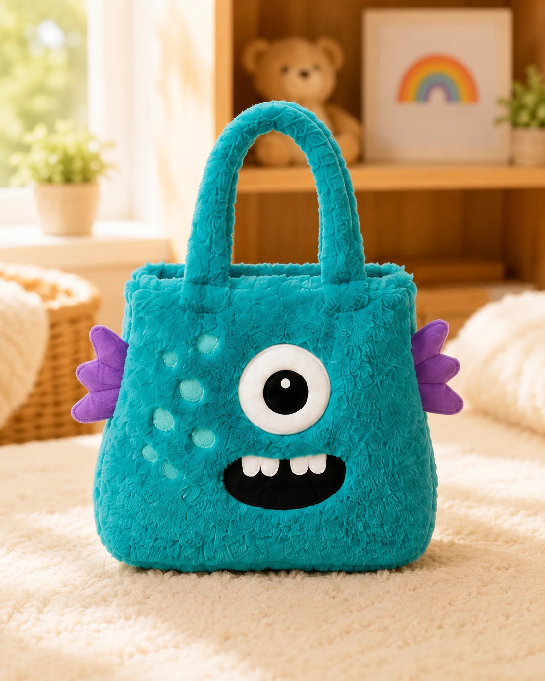 Turquoise custom monster plush bag with embroidered eye, teeth and purple side details