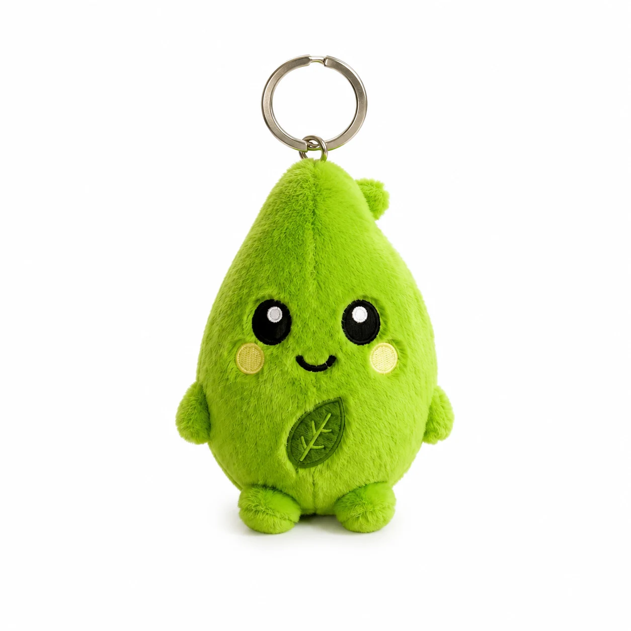 Custom green mascot plush keychain with embroidered details and metal keyring